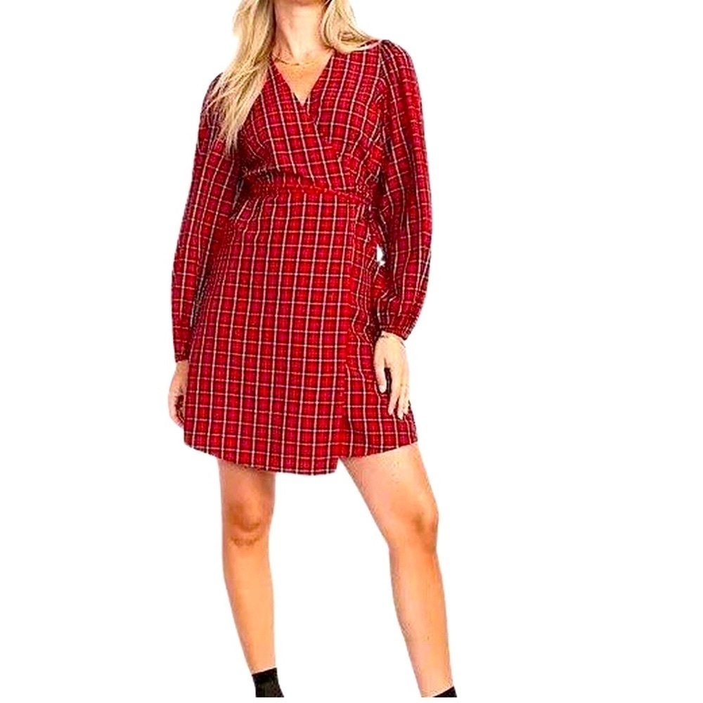 NWT Old Navy Red Puff-Sleeve Plaid Seersucker wrap mini dress size XS petite